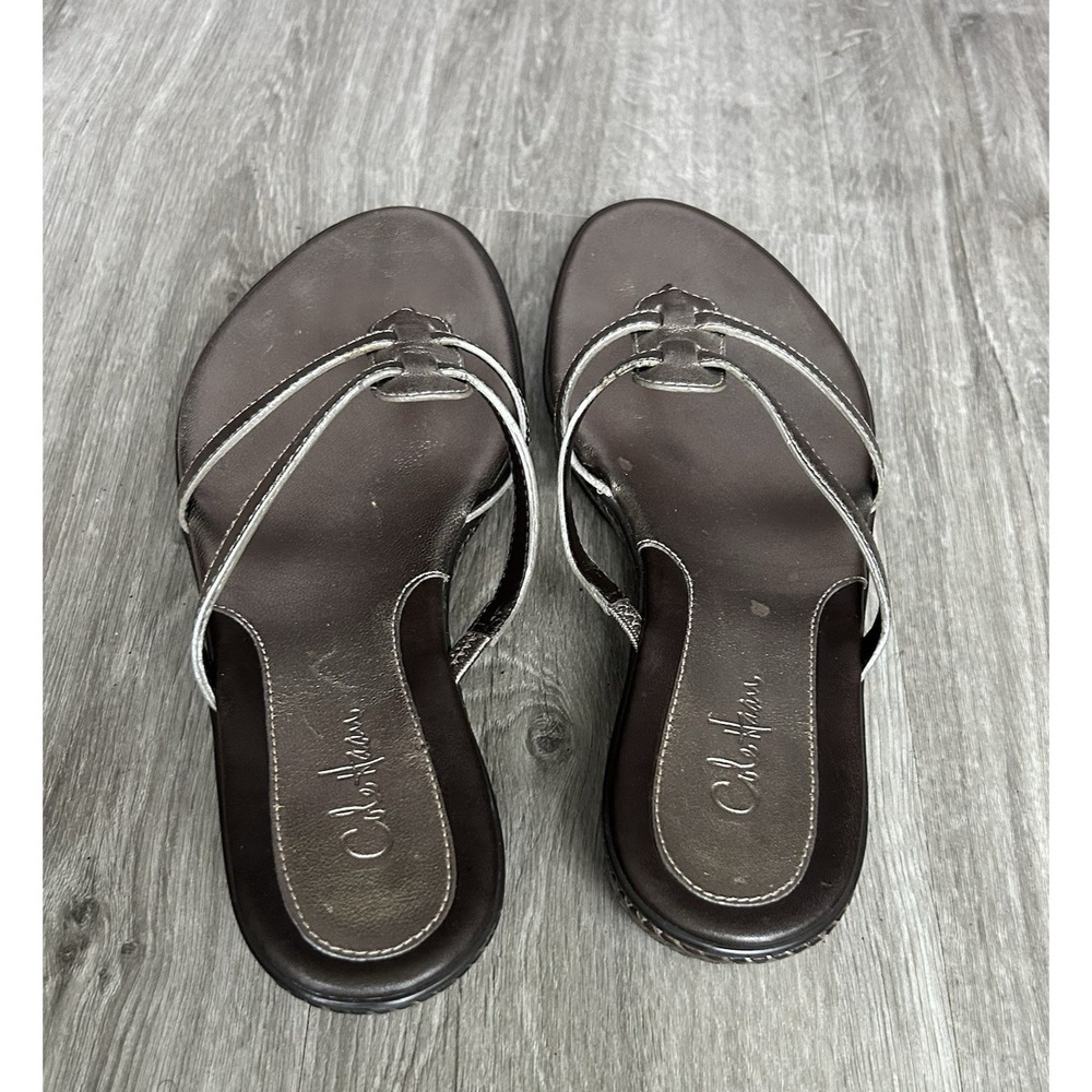 Cole Haan Women Silver Metallic Thong Sandals Size 7 Lower Wedge Heel